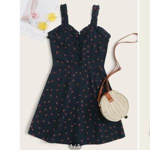 Shein Strawberry Print Frill Ruffle Trim Lace-Up Cami Dress S